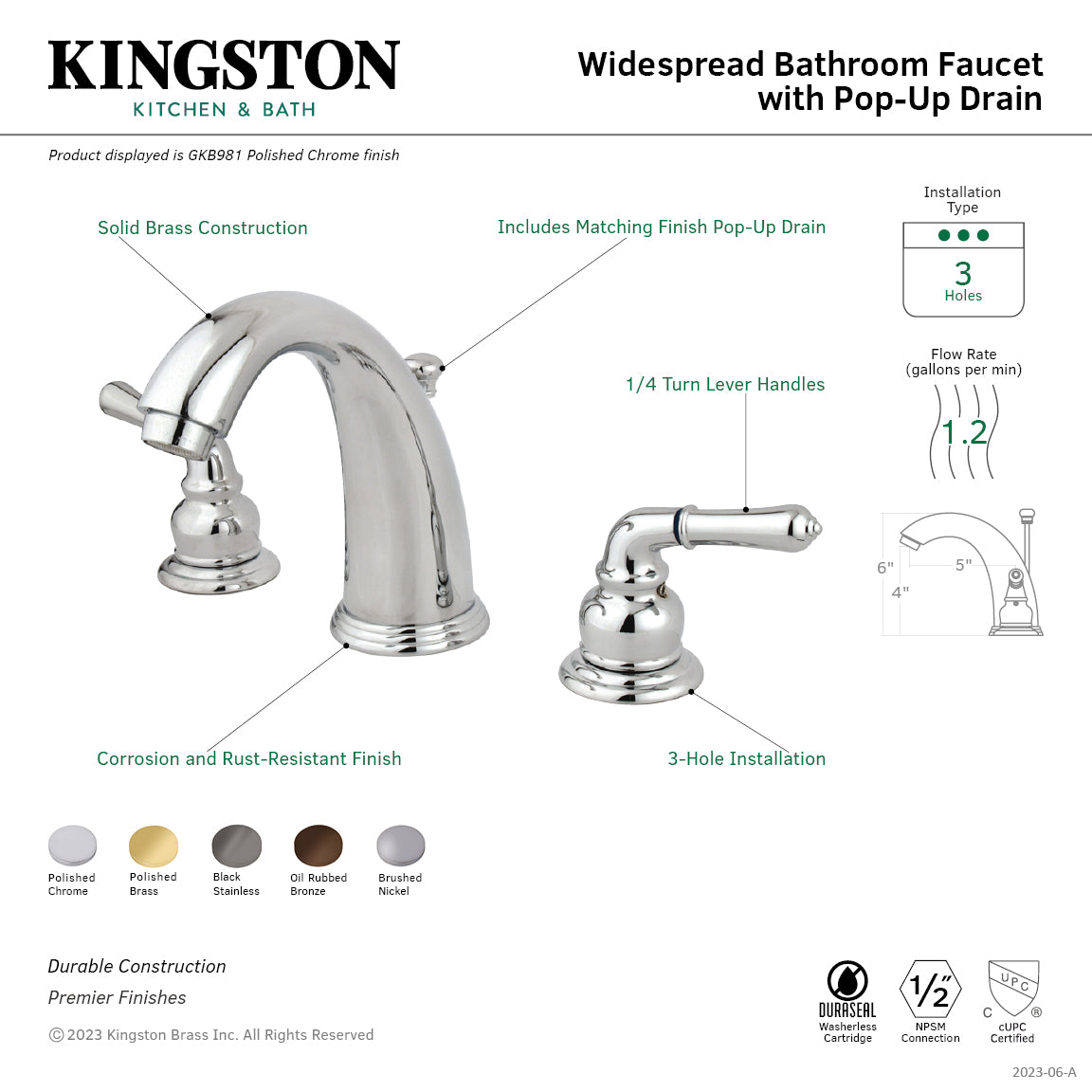 Kingston Tulare GKB985 - Magellan Two-Handle 3-Hole Deck Mount Widespread Bathroom Faucet with Pop-Up Drain, Oil Rubbed Bronze — thumbnail 2